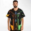 Model wearing elemental symbols jersey with LMT text and split orange fire-green earth front design