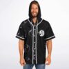 Black cosmic bubble pattern with white lion emblem, front view worn by model