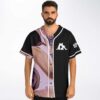 Black and mauve paired abstract swirl front with white piping and buttons, modeled studio view