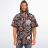 Black, white, and red abstract swirl hooded jersey with GOOD VIBES chest patch, front view