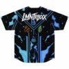 Black elemental symbols jersey back view with LMNTRIXXX text, blue water motifs, and colored icons