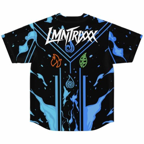 Black elemental symbols jersey back view with LMNTRIXXX text, blue water motifs, and colored icons