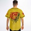 Mustard yellow vintage-washed jersey displays a large rose and jeweled skeletal-hand graphic, back view