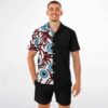 Model in trippy eyes button-up shirt smiling, front view