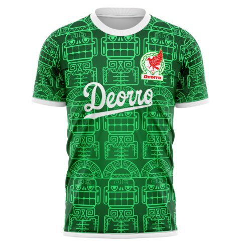 Green soccer jersey with intricate tribal pattern design
