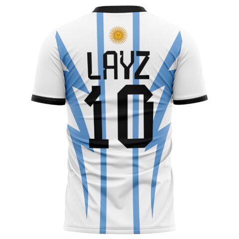 Back view of soccer jersey with blue stripes and text