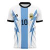 Layz fan rave soccer jersey, white and light blue with lightning bolts, gold crest and number 10 — front