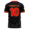 Back view of black lightning bolt rave soccer jersey with red custom name and number