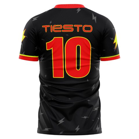 Back view of black soccer jersey with red name and number
