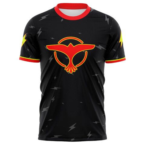 Black soccer jersey with red accents and lightning bolt design
