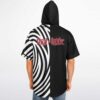 Model wearing the black and white eye rave hooded baseball jersey, showing the stylized back graphic
