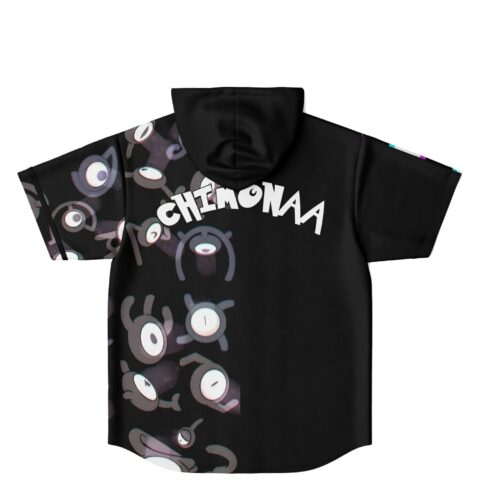 Black hooded jersey featuring cartoon-style eyeball creatures and CHEMONA text, back view