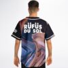 Abstract marbled swirl back with oversized white lettering, modeled rear festival apparel view