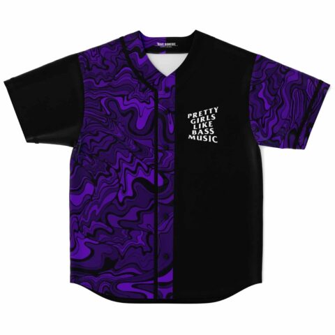Black and purple abstract swirl jersey front view with “PRETTY GIRLS LIKE BASS MUSIC” text