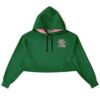 Front view of green cropped hoodie with pink lettering