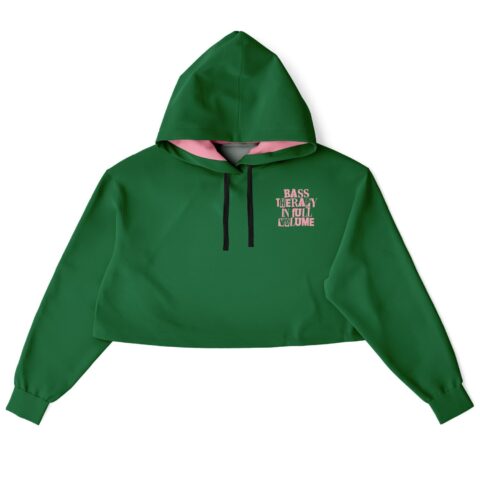 Front view of green cropped hoodie with pink lettering
