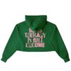 Green cropped hoodie with pink bass-inspired text design on back