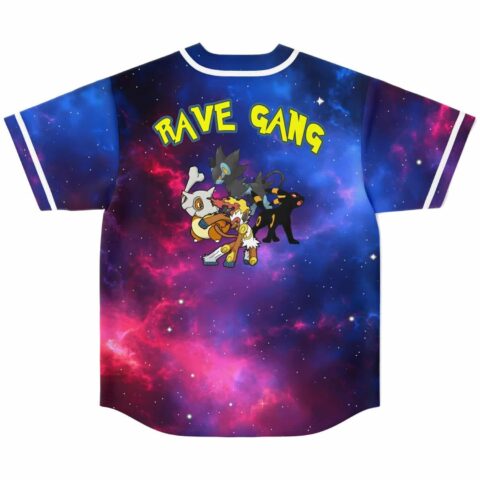 Cosmic galaxy jersey back view featuring cartoon-style creature group beneath "RAVE GANG"