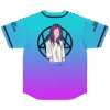 Teal-to-purple gradient jersey with purple-haired figure, geometric circle, and “AWAKE” text on back view