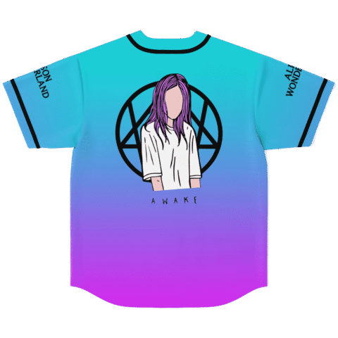 Teal-to-purple gradient jersey with purple-haired figure, geometric circle, and “AWAKE” text on back view