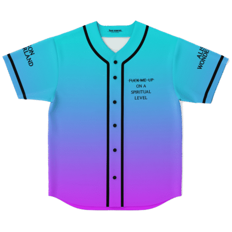 Teal-to-purple gradient jersey with crossed-out “FUCK ME UP” and “ON A SPIRITUAL LEVEL” front view