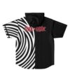 Back view of the black and white rave hooded baseball jersey with a swirling design