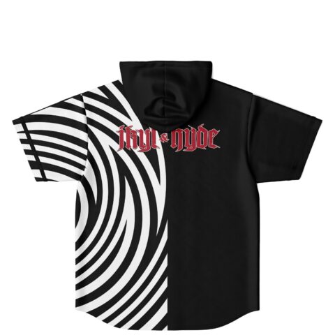 Back view of hooded jersey with swirling black and white design