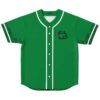 Kelly green cartoon frog jersey front view with flower, leafy sleeve trim, and white piping