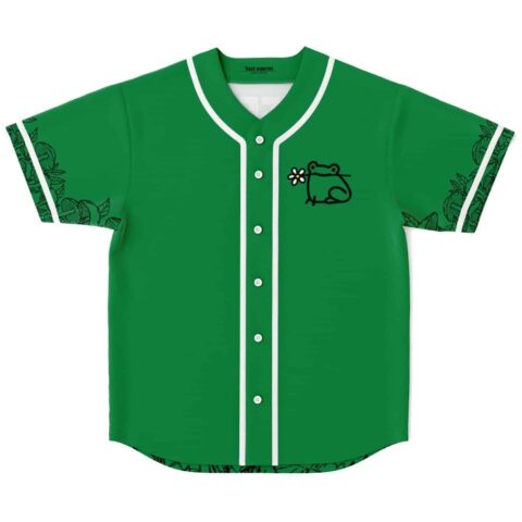 Kelly green cartoon frog jersey front view with flower, leafy sleeve trim, and white piping