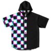 Hooded jersey with neon cyan and magenta checkerboard pattern, front view