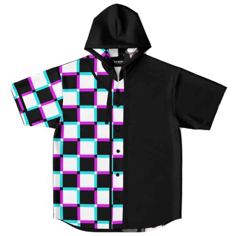 Hooded jersey with neon cyan and magenta checkerboard pattern, front view