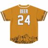 Burnt orange baseball jersey back displays readable “BEER” and “24” above a mountain landscape hem