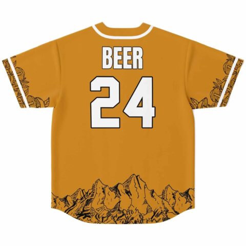 Burnt orange baseball jersey back displays readable “BEER” and “24” above a mountain landscape hem