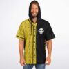Front view of the color block rave hooded baseball jersey with playful animal graphics