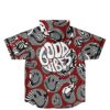 Psychedelic swirl pattern in red, black, and white with oversized GOOD VIBES lettering, back view
