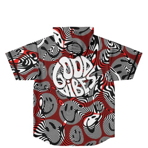 Psychedelic swirl pattern in red, black, and white with oversized GOOD VIBES lettering, back view