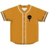 Burnt orange anime-inspired rave baseball jersey with black fan emblem and floral sleeve trim