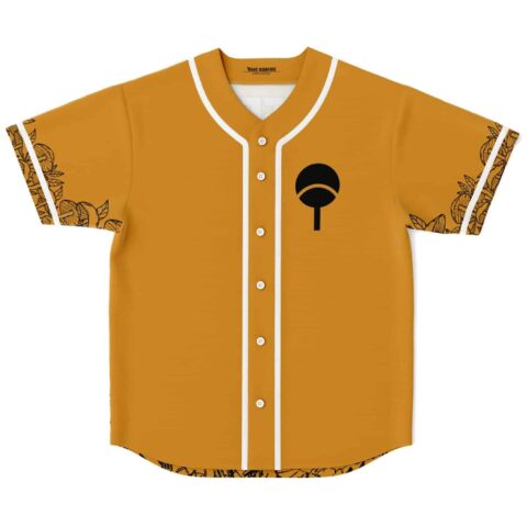 Burnt orange anime-inspired rave baseball jersey with black fan emblem and floral sleeve trim