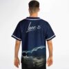 Starry night ocean jersey with sweeping wave lines and reflective water, modeled from the back