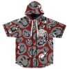 Red, black, and white psychedelic swirl hooded jersey with GOOD VIBES patch, front view