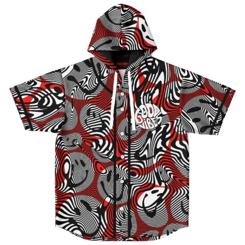 Red, black, and white psychedelic swirl hooded jersey with GOOD VIBES patch, front view