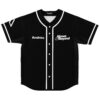 Black jersey featuring minimal white wordmarks and button placket in a front product view