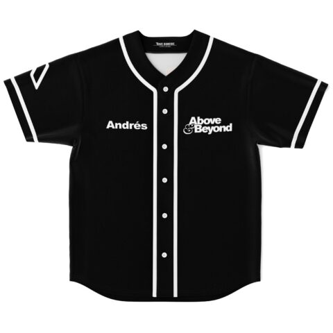 Black jersey featuring minimal white wordmarks and button placket in a front product view