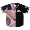 Abstract marbled swirl front with black paired halves and white piping, studio product view