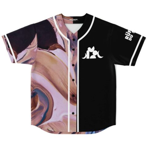 Abstract marbled swirl front with black paired halves and white piping, studio product view
