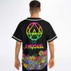 Model showing black dripping pentagon jersey with FMUOASL text and neon floral border, back view