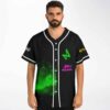 Black jersey front view on model with neon green cosmic graphic and pink graffiti accents