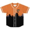 Orange starry sky design with cartoon-style fox mascot and black city skyline, front view