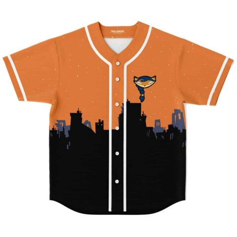 Orange starry sky design with cartoon-style fox mascot and black city skyline, front view
