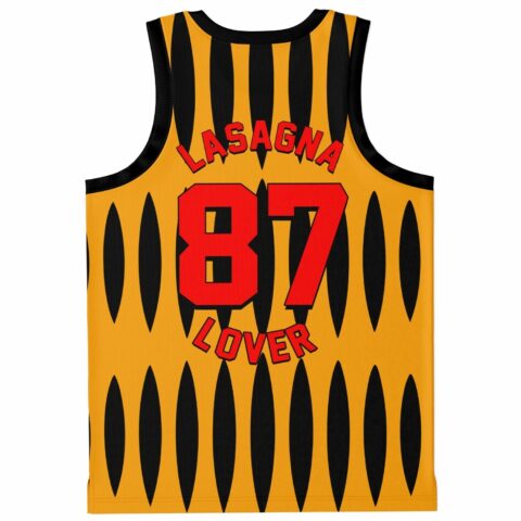 Black-and-orange spike pattern with red LASAGNA 87 LOVER lettering, back view